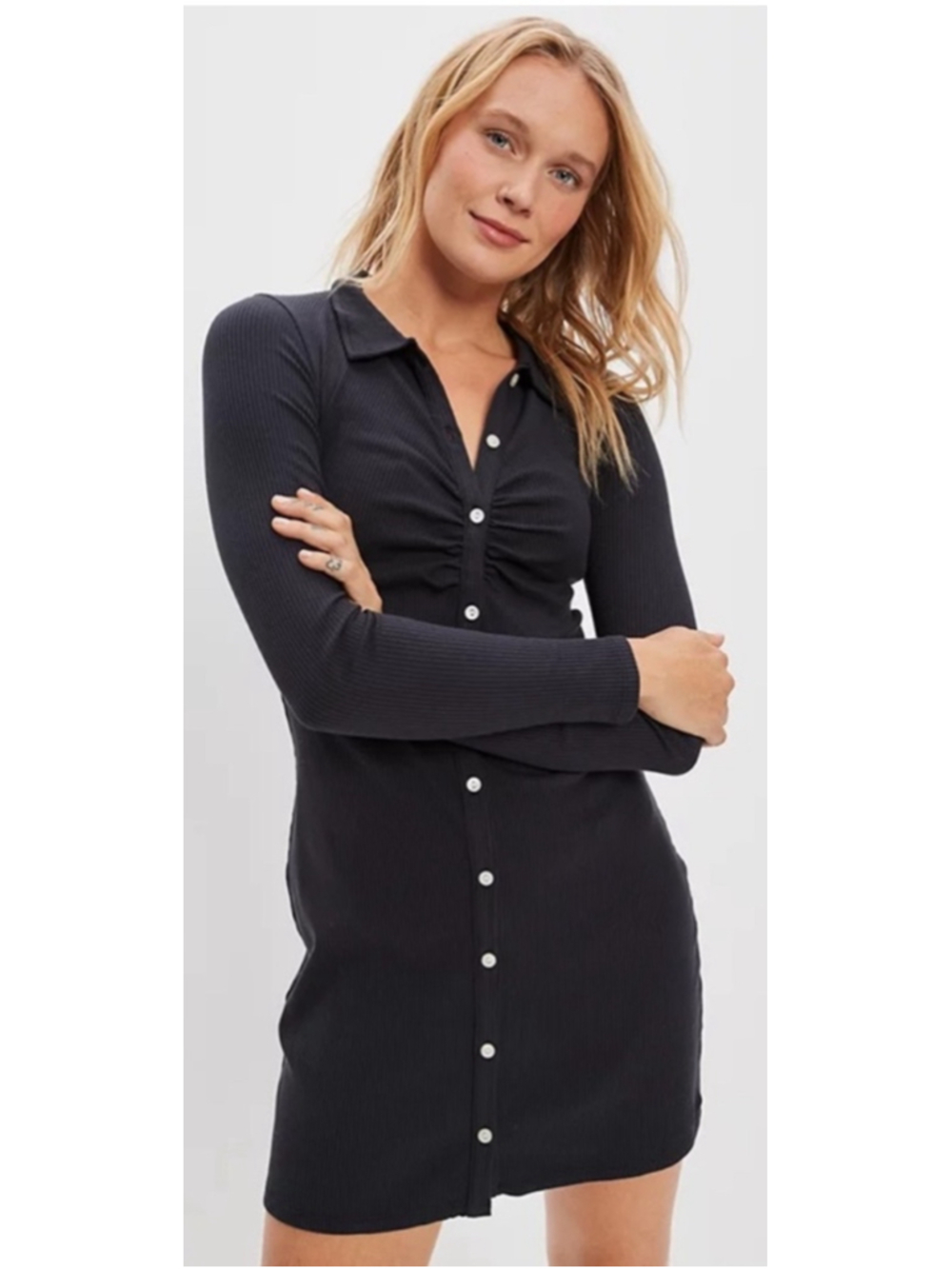 American Eagle Women’s Button Front Ruched Dress, Size Medium, Charcoal Gray EUC